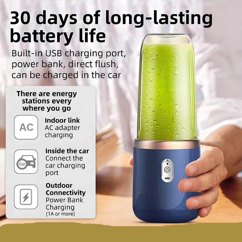 Hand holding a blue portable blender with green liquid, featuring text about battery life and charging options.
